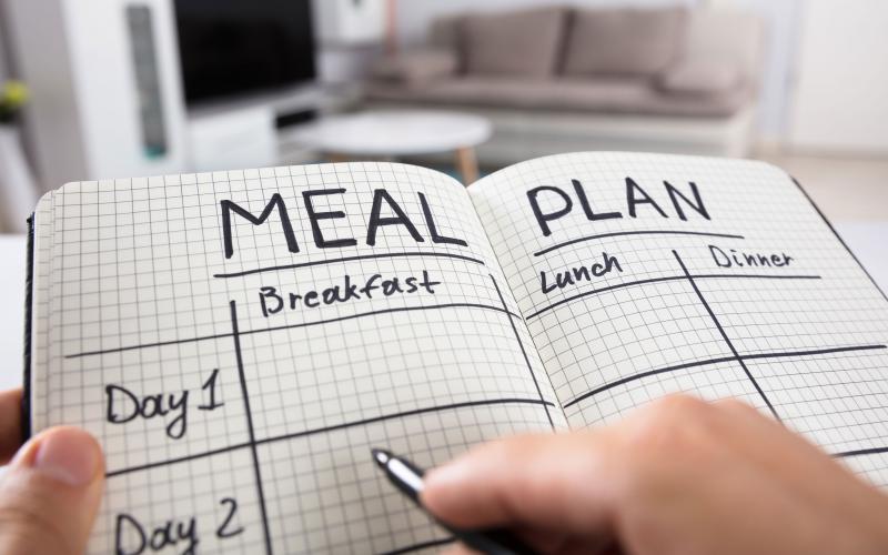 Hands holding a notebook with a meal planning grid drawn out. The grid has sections for breakfast, lunch and dinner across several days.