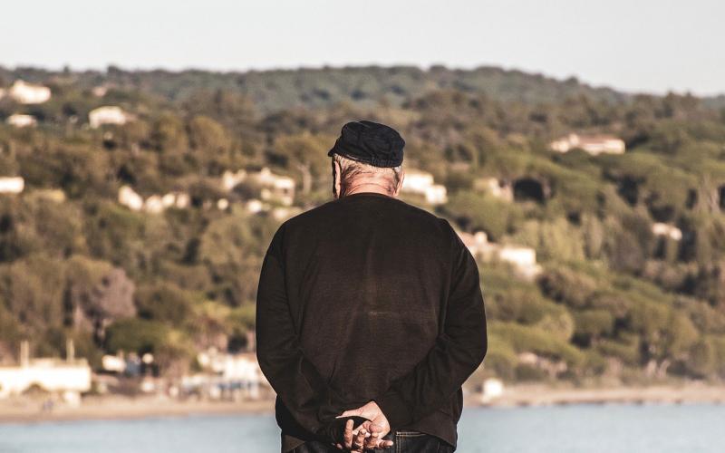An older man with his back to the camera looking over a pond.