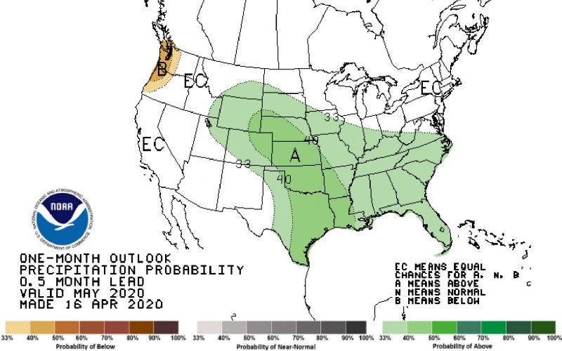 A color-coded precipitation probability map of the United States. The majority of South Dakota is predicted to have wetter than average precipitation, with the highest likelihood being in the southwest corner of the state. For a complete description, call SDSU Extension at 605-688-6729.