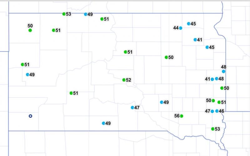 A map of South Dakota illustrating soil temperatures on April 21, 2020. Temperatures throughout the state range from 41 to 56 degrees Fahrenheit. For more information, visit: https://climate.sdstate.edu/archive/maps/