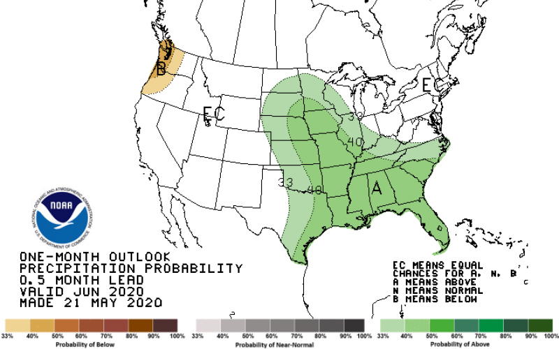 a map showing the precipitation outlook for June 2020
