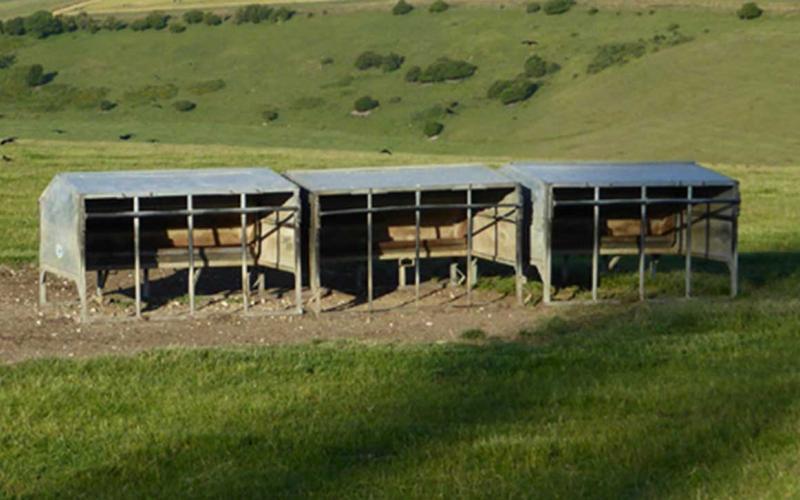 A series of three creep feeders placed on an open range. Courtesy: Robin Webster (CC BY-SA 2.0)