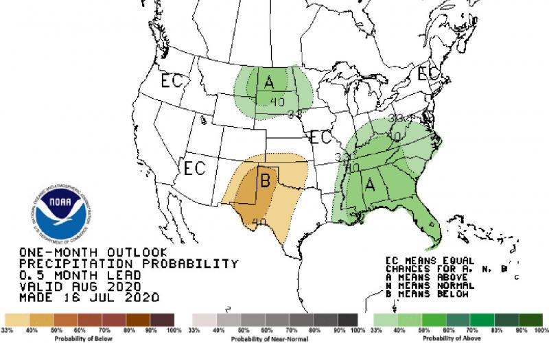 NOAA climate map with preciptation outlook as of July 12, 2020. Most of South Dakota is predicted to have average to above average precipitation.