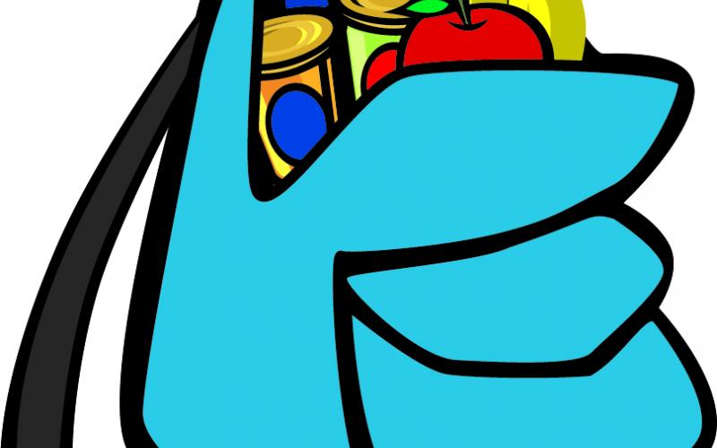 blue backpack with fruits and canned goods in the top