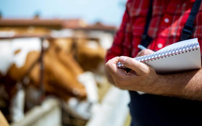 Rancher holding a notepad beside a feed bunk.