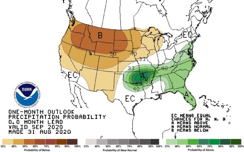 One-month precipitation outlook map for September 2020. South Dakota has a 40-50% chance of below-normal precipitation.