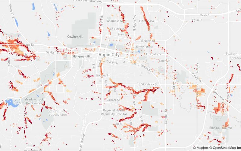 Color-coded map of the Rapid City area showing flood risk scores.