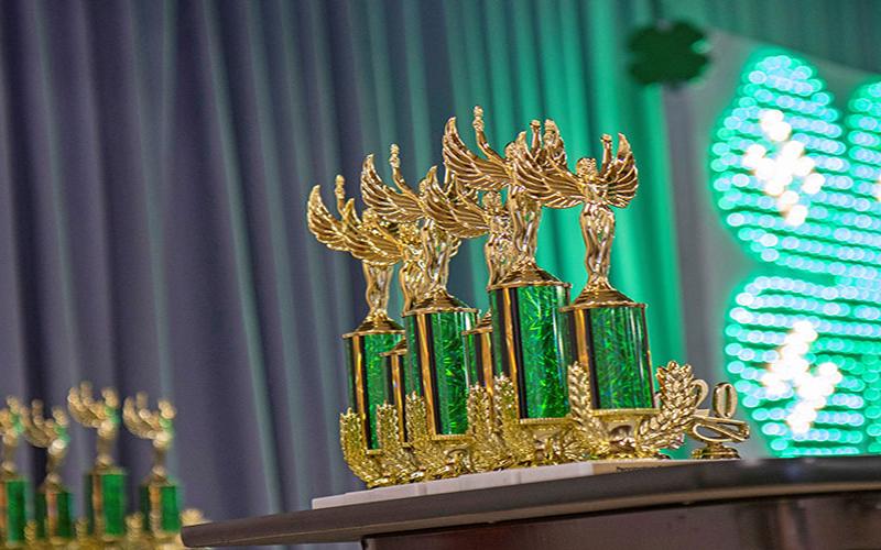 Series of trophies on display at a 4-H contest.