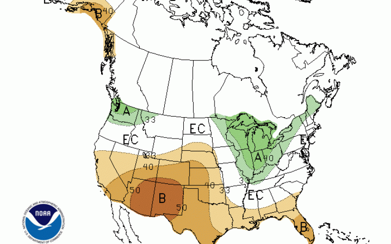 a map of North America with green and brown shading indicating an increased likelihood of drier than average conditions
