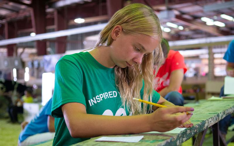 4-H youth completing a dairy cattle judging scorecard.