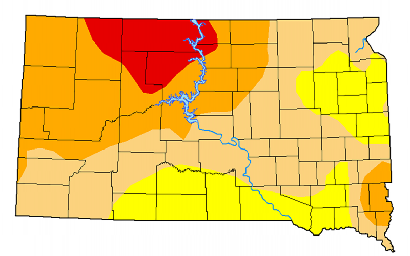 Color-coded drought monitor map of South Dakota. As of April first, Northeast South Dakota is facing extreme drought, while the rest of the state is under abnormally dry to severe drought conditions.