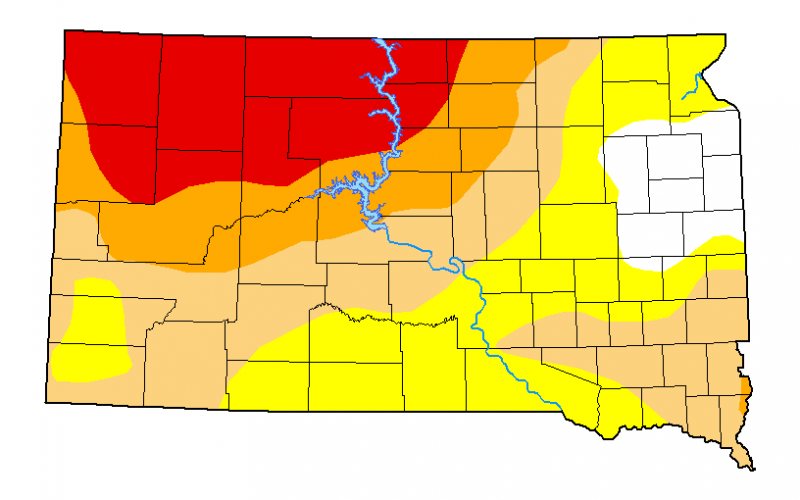 Color-coded drought monitor map of South Dakota. As of April 29, Northwest South Dakota is facing extreme drought, while the rest of the state is under abnormally dry to severe drought conditions.