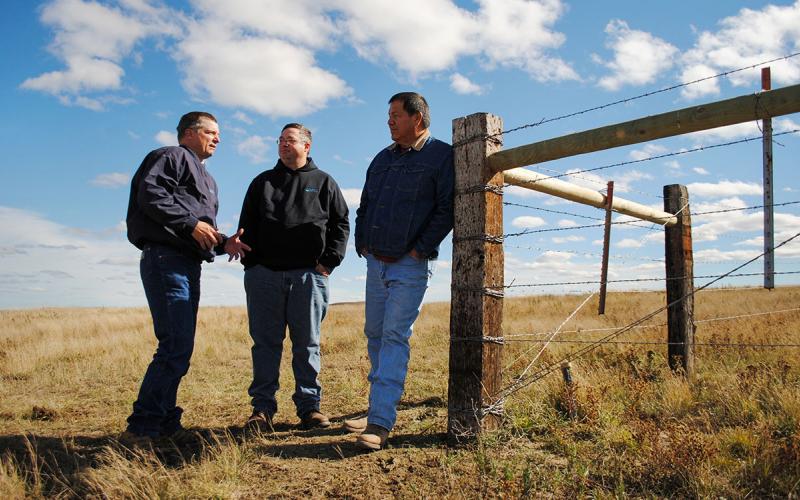 Small group of producers discussing a grassland management plan near a fenceline.