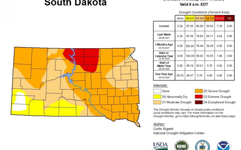 a map of South Dakota showing the levels of drought for June 2021