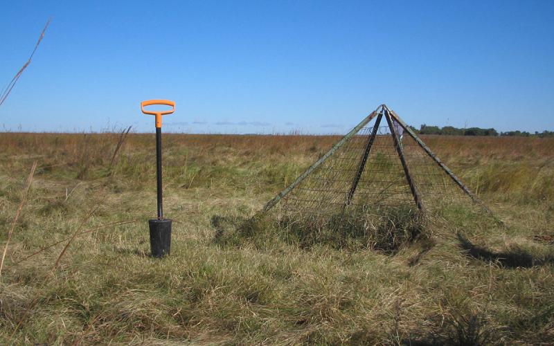 Tools for measuring grassland growth placed in a rangeland project area.