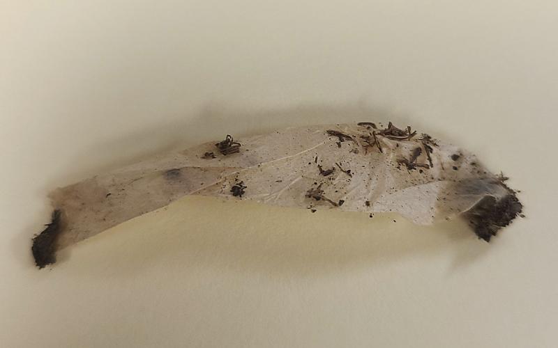 White silken tube with dark colored ends on a light background.