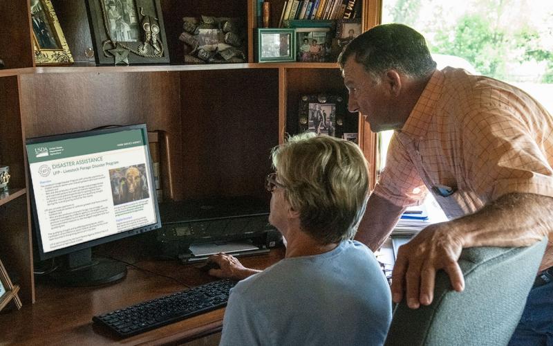 Ranchers viewing USDA disaster assistance information on a computer in a home office.