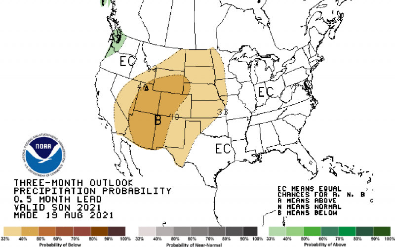 Color-coded map of the United States indicating precipitation probability for September through November 2021. Odds are leaning towards drier than average conditions in the three-month fall season.