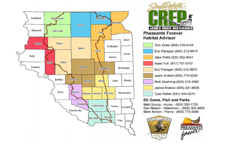 Color-coded map of the James River Watershed CREP program contacts featuring Pheasants Forever Habitat advisors for a number of South Dakota counties. For assistance in locating a contact, call SDSU Extension at 605-688-6729.