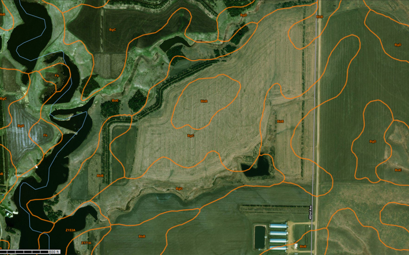 Sample USDA NRCS Web Soil Survey output. Orange boundaries mark different soil zones on a satellite photo.