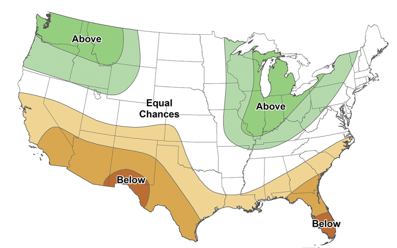 Color-coded map indicating seasonal precipitation outlook for the United States from December 2021 to February 2022. For an in-depth description of this graphic, call SDSU Extension at 605-688-4792.