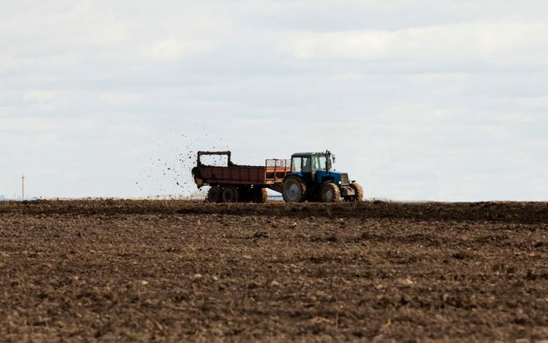 Tractor pulling manure a spreader through a harvested crop field.