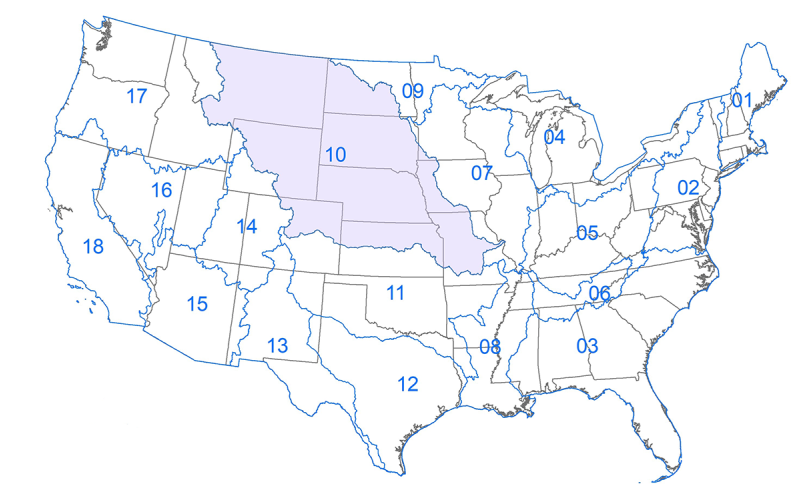 Image of 2-digit HUC boundaries in continental United States. For a complete description of this graphic, please call SDSU Extension at 605-688-4792.