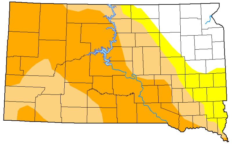 Color-coded drought monitor map of South Dakota. As of March 29, northwest to southeast South Dakota are facing severe drought to abnormally dry conditions, while the northeast is under normal conditions.