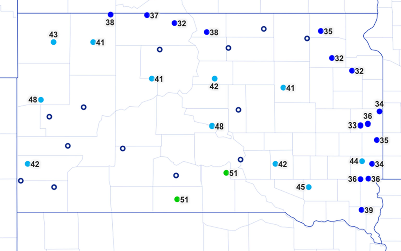 Map of South Dakota with dot-plots indicating 24-hour soil temperatures at a 4-inch depth for various locations throughout South Dakota. Data from Mesonet.sdstate.edu