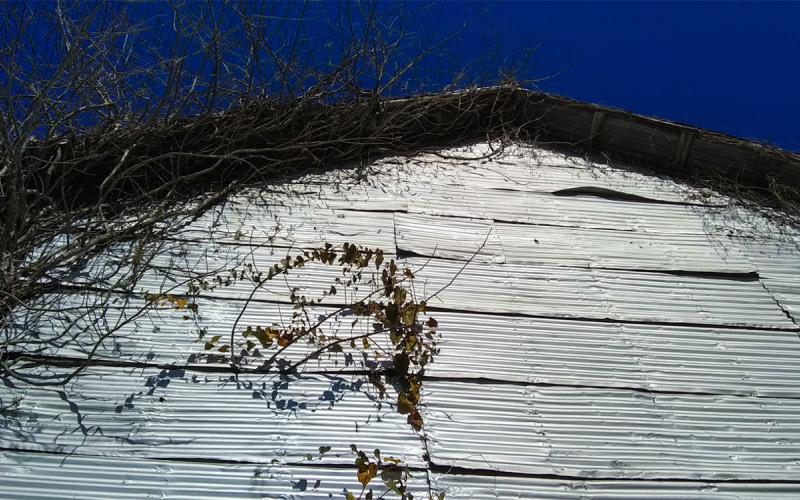 Wind damage on a pole barn's exterior.