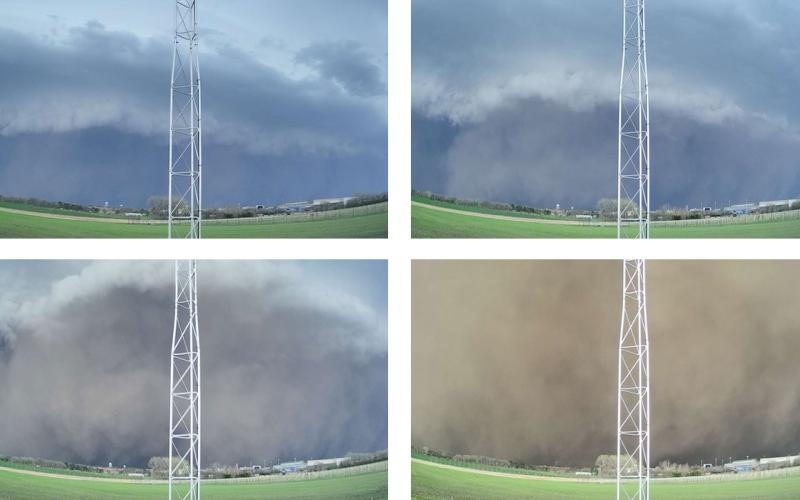 Four photos showing a derecho approaching the SDSU campus in Brookings, South Dakota.