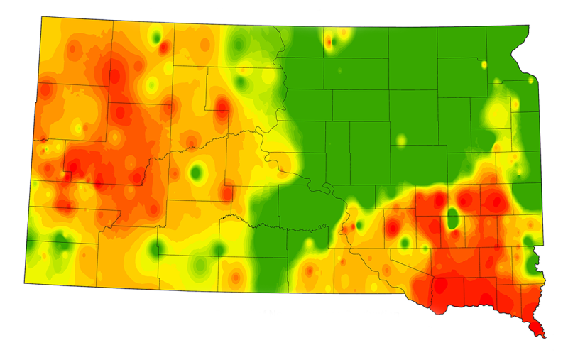 Color-coded map showing precent of normal forage production for South Dakota. For assistance reading this graphic and data set, please call SDSU Extension at 605-688-4792.