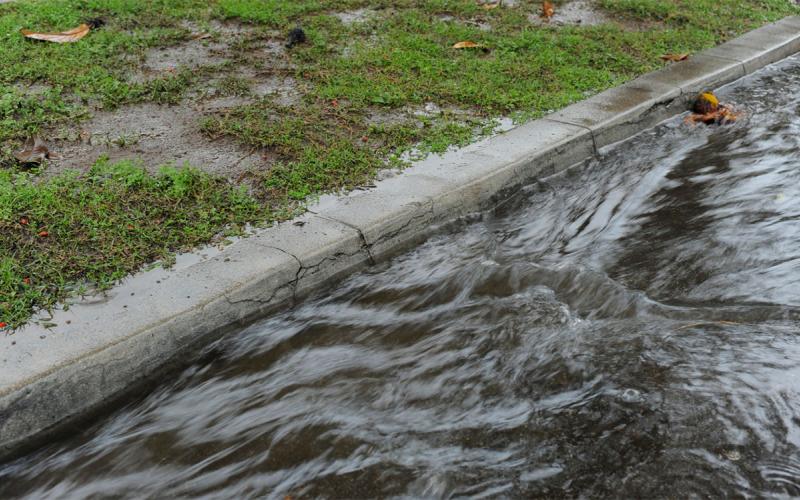 Storm water rushing down a street gutter.