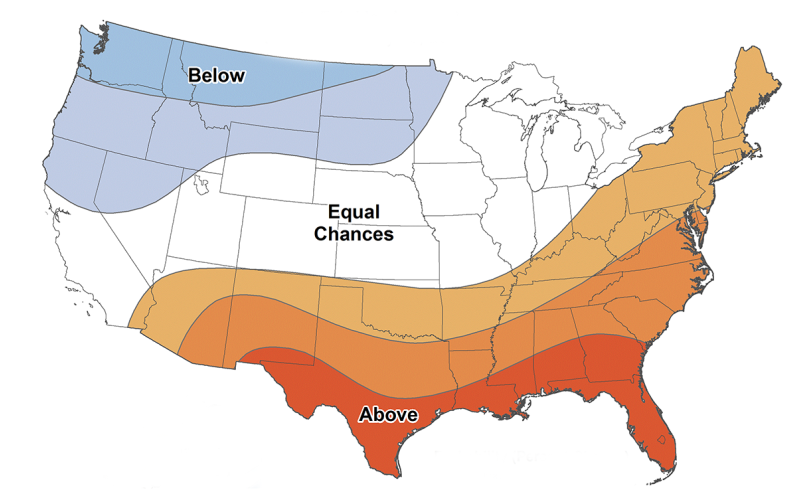 Color-coded temperature outlook map of the United States for February through April 2023. For an in-depth description of this graphic, please call SDSU Extension at 605-688-6729.