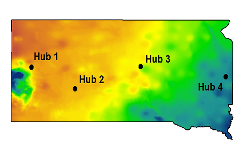 Color-coded map showing rainfall accumulation at the locations of the four hub study sites in South Dakota. For assistance reading this graphic and data set, please call SDSU Extension at 605-688-6729.