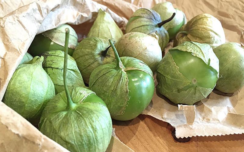Harvested tomatillos in a brown paper bag.