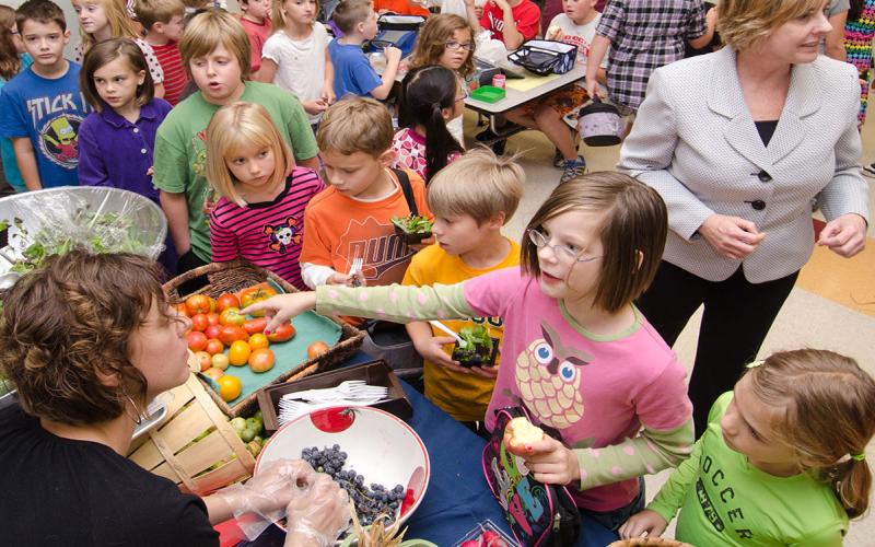 Children sampling local produce in a school cafeteria.