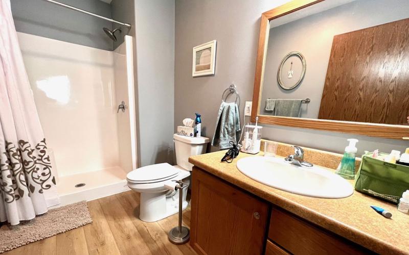 Accessible bathroom with a step-in shower and low-clearance sink.