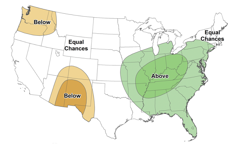 Color-coded map of the United States indicating the June through August 2023 precipitation outlook. For a detailed description of this graphic and data set, please call SDSU Extension at 605-688-6729.