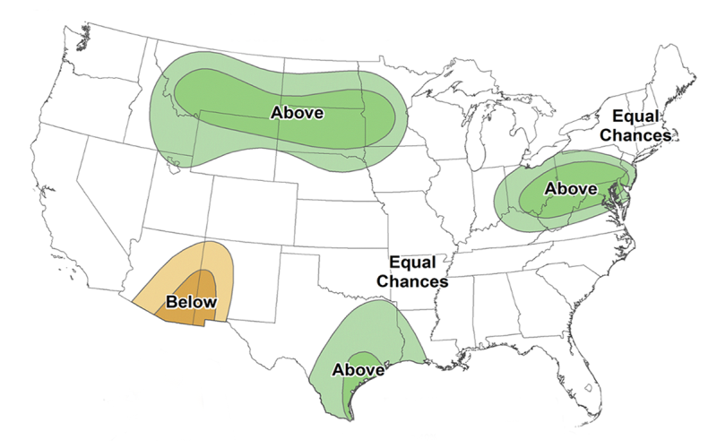 Color-coded map of the United States indicating July 2023 precipitation outlook. For a detailed description of this graphic and data set, please call SDSU Extension at 605-688-6729.