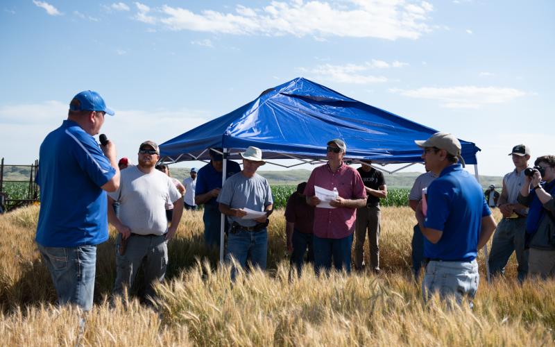 A man with a microphone speaks to a small group of people standing in a field under a blue tent.