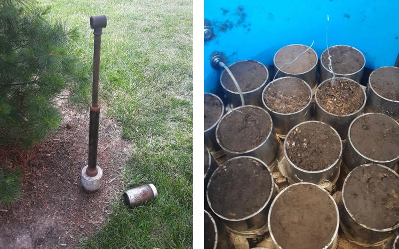 A soil coring device that has been pounded into ground. Next to it are trimmed samples in rings used to measure soil bulk density.