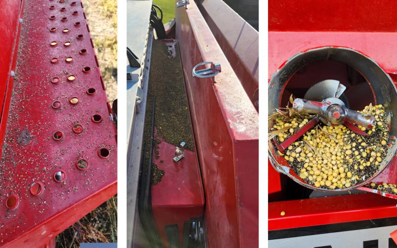 Three pictures of a red combine with tan and black soybean and weed seeds spread throughout its surfaces.
