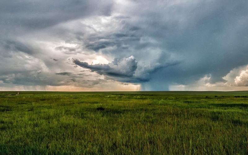 Storm clouds gathering over a vast, green field.