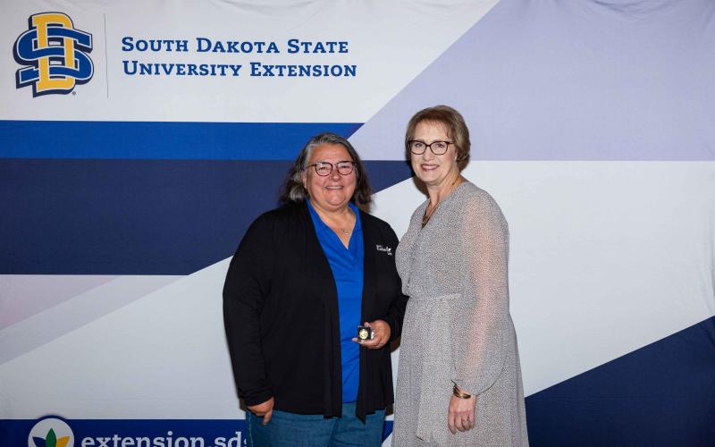 Debra Lessman receives her 10-year pin from Karla Trautman