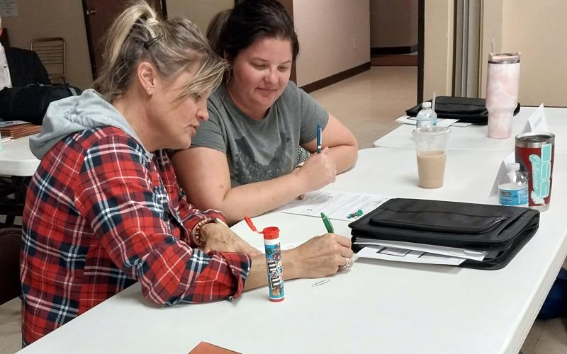 Participants Kari Feldhaus and Kelsy Hokana work together on an educational activity during Annie’s Project in Britton.