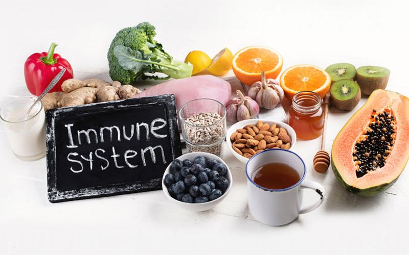 Chalkboard reading “Immune System” among various immune-boosting foods.