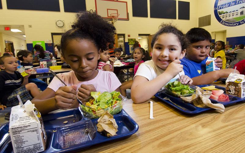 Group of children enjoying school lunch in an elementary school cafeteria.