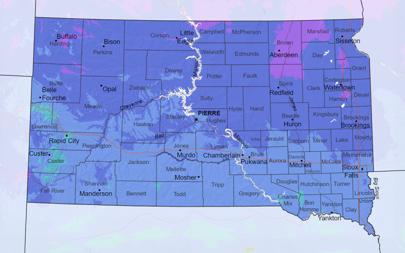 Color-coded map of South Dakota’s plant hardiness zones.
