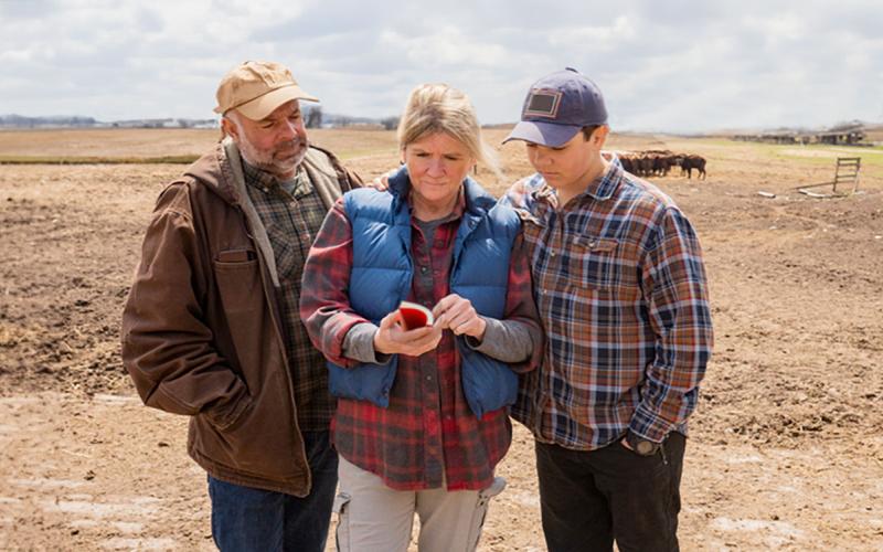 Ranch family examining a red calving record book near a herd of cattle.
